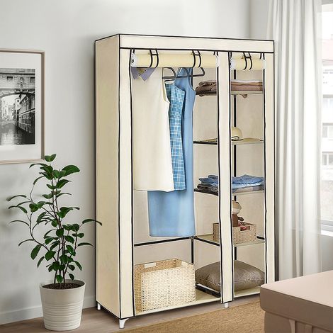 Kleiderschrank Stoffschrank Steck Kleider Schrank Regal Kleiderstange Garderobe Beige 110×45×175cm