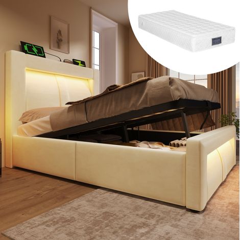 Cama 90x200 cm de terciopelo beige, con almacenaje, LED, USB-C y cabecero curvo, con colchón (1/5)