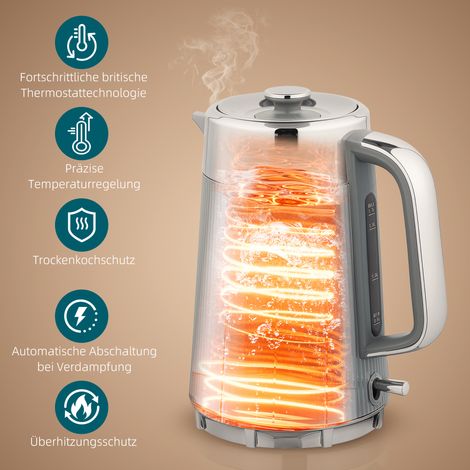 Bouilloire électrique 2200 W 1,7 L à chauffe rapide, avec filtre anti-tartre, et grille-pain 4 fentes 7 niveaux de cuisson, gris (1/4)