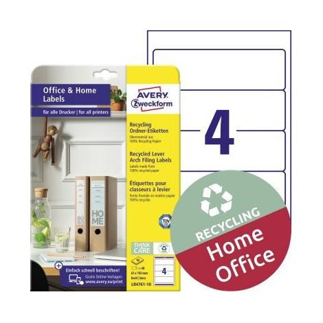 Avery Zweckform LR4761-10 Recycling Ordner-Etiketten, Home Office, Kleinpackung, A4, 61 x 192 mm, 10 Bogen/40 Etiketten, naturweiß (1/5)