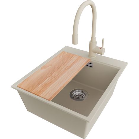 PRIMAGRAN Evier Cuisine en Granit 43x50cm,Lavabo 1 bac + Robinet 38x14cm + Kit de Vidage + Planche à Découper, Évier à Encastrer au meuble 45cm - Oslo, Beige (1/5)