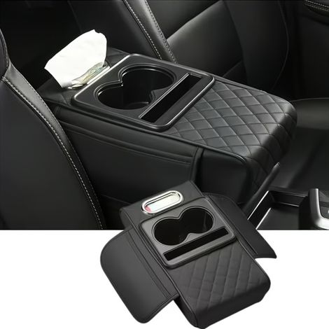 1 Coussin d'accoudoir de voiture en similicuir avec poches de rangement – Organiseur pour boîte à mouchoirs et porte-gobelet (1/5)