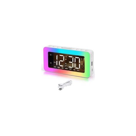 Digitaler Wecker, RGB-Farbwecker fürs Schlafzimmer, Dual-Alarm mit Wochentags-/Wochenendanzeige, USB-Ladeanschluss, Schlummerfunktion, extra laut, dimmbarer Spiegelwecker für Kinder - Crezuo
