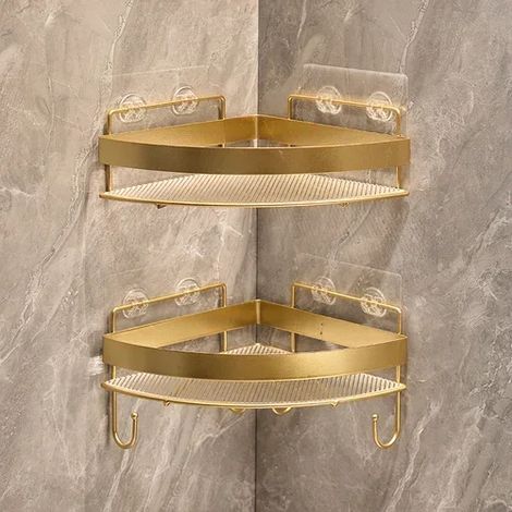(A.2 niveaux) Étagère de rangement de salle de bain dorée, trépied mural sans perçage, porte-shampoing et gel douche, accessoires de salle de bain (1/5)