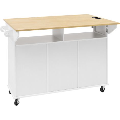 Îlot de cuisine mobile avec table extensible, tiroirs et porte-serviettes, équipé de prises électriques, blanc (1/5)