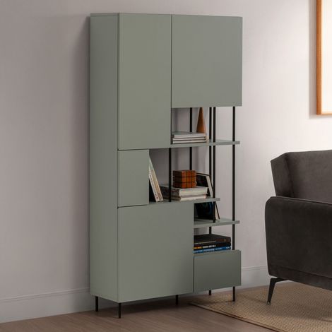 Etagère 5 portes 84x34x175 cm décor vert grisé et métal noir (1/5)