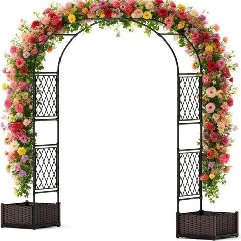 Arche de jardin 2 en 1 avec bac fleur – cadre métal pour plantes grimpantes – pergola décorative pour rosiers, mariage ou entrée
