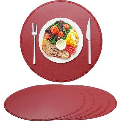 Six sets de table ronds, style rétro et minimaliste, 38 cm de diamètre, antidérapants, protection de table (bordeaux). (1/5)