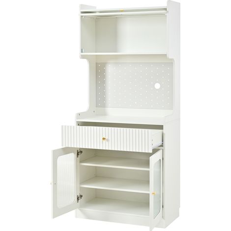 Credenza alta da cucina con LED, vetro rigato, ripiani regolabili e cassetto bianco (1/5)