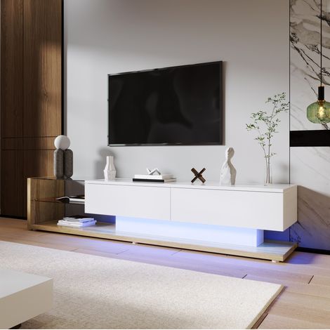 Meuble TV 170x36x38 cm blanc en panneau de particules avec LED réglable, 2 tiroirs et étagères en verre (1/5)