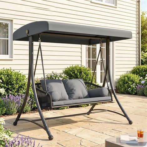 Altalena da giardino Hollywood a 2 posti in rattan con parasole regolabile, cuscino morbido, struttura a forma di A, grigio scuro. (1/5)