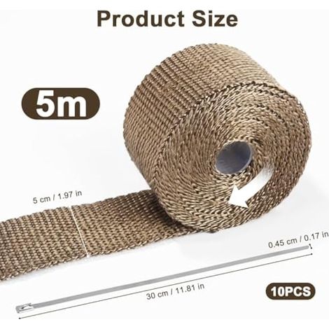 Bande thermique d'échappement de 5 m × 50 mm, 10 attaches de câble en acier inoxydable, bande d'isolation thermique pour collecteur d'échappement de moto (1/3)