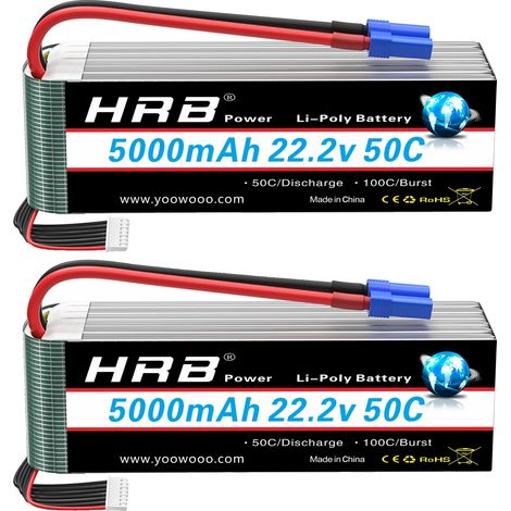 Batería LiPo HRB de 5000 mAh para coches RC, voltaje de 22,2 V, tasa de descarga de 50C. (1/2)