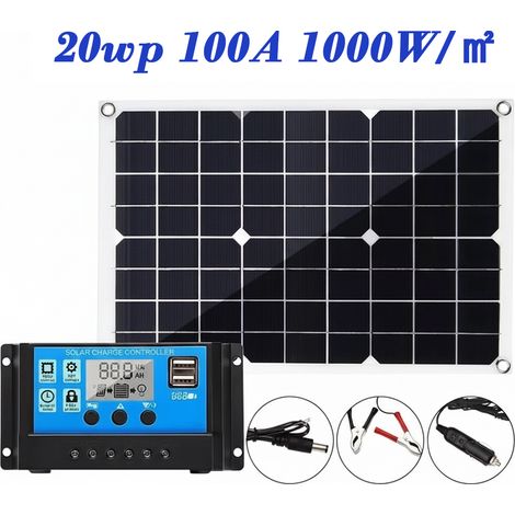Kit panneau solaire portable souple 20Wp 100A Régulateur de chargeur batterie Accessoires de connexion complets