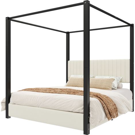 CHICFURN Cama con dosel 180x200 cm tapizada en terciopelo beige y negro, con cabecero acolchado, estructura de metal y estilo moderno para dormitorio elegante (1/5)