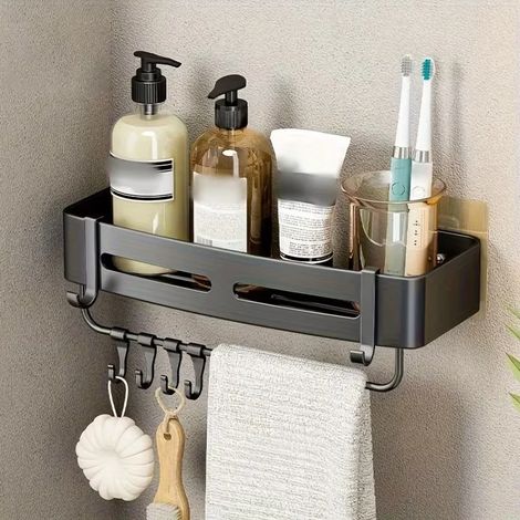 (1 Black Square HR) 1 étagère de rangement murale d'angle en aluminium sans perçage pour salle de bain - Idéale pour ranger shampoing, gel douche et cosmétiques. (1/5)
