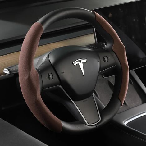Housse de volant en daim marron, sur mesure, compatible avec Tesla Model 3 Y (2017-2022-2023). Antidérapante et respirante. Accessoire auto. (1/5)