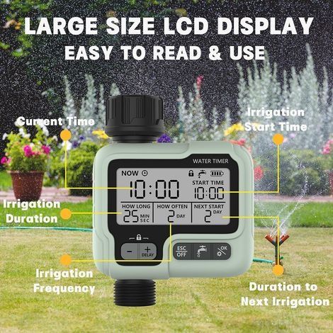 Bewässerungsuhr mit Zeitschaltuhr, IPX5 wasserdicht, automatischer und manueller Regner mit großem LCD-Display, einfache Installation für Balkon, Garten, Blumenbeet, Bauernhof und Außenbereich (1/4)