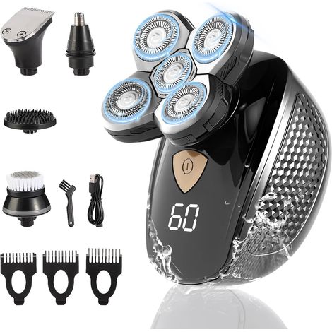 Rasoirs de tête pour homme, rasoirs à tête chauve 5 en 1 pour homme, rasoir électrique rotatif sans fil avec tête flottante 5D, étanche humide/sec et rechargeable par USB pour homme avec LED (1/5)