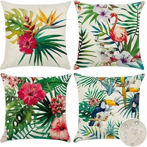 45x45 cm, un juego de 4 fundas de cojín impermeables para exteriores decoradas con plantas tropicales, flores y pájaros.
