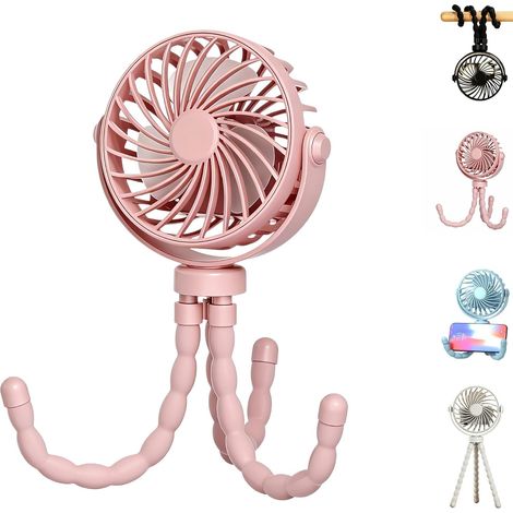Mini ventilateur pieuvre rechargeable USB de 7,6 cm, trépied flexible et support pour téléphone, ventilateur silencieux et sûr pour poussette, usage extérieur, bureau et portable (rose, petit) (1/5)