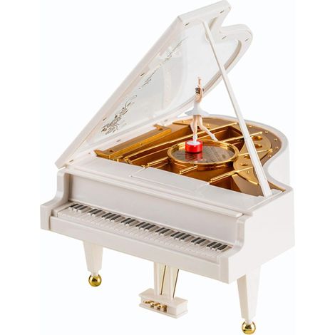 Boîte à musique portable, en bois avec motif piano, blanche