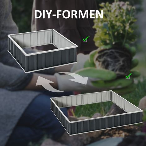 Coffre de jardin surélevé en acier en forme de T, gris anthracite, avec étiquettes à plantes et gants, pour potager facile et pratique. (1/5)