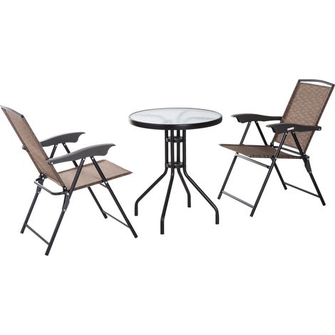 3 Piece Outdoor Bistro Set, Patio Conversation Furniture Set with 2 Folding Backrest Adjustable Armchairs Glass Top Coffee Table, Brown (1/5)