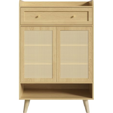Zapatero de ratán con 2 puertas, cajón y balda superior abierta, 80 x 105 x 35 cm, roble claro (1/5)