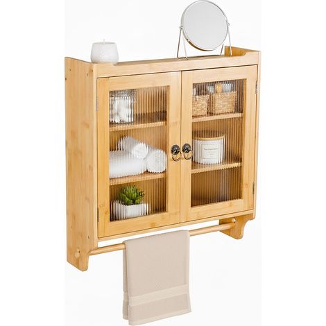 Armadio pensile Relaxdays in bambù con portasciugamani, 2 ante in acrilico, HLP: 63 x 60 x 18 cm, naturale