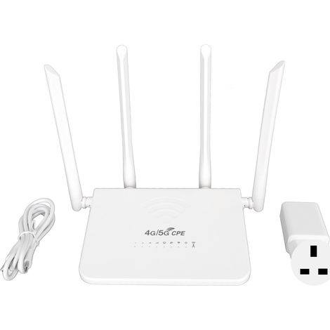 4G-WLAN-Router (300 Mbit/s), SIM-Kartensteckplatz, 4 Antennen, 20 Benutzer, USB-C-Hotspot, UK-Stecker, Europa 100–240 V