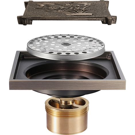 Drain de sol de salle de bain en bronze – Drain de sol de douche carré antique unique – Drain de sol gravé 100 × 100 mm