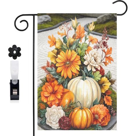 Drapeau de jardin citrouilles et fleurs d'automne 30 x 45 cm décoration extérieure jardin (1/5)
