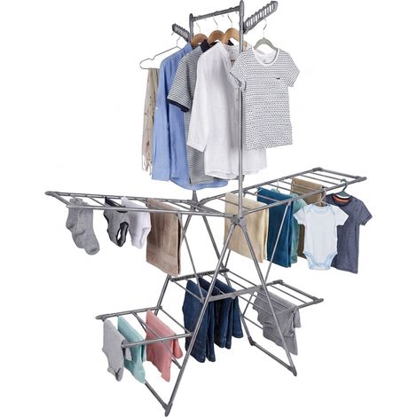 Relaxdays folding clothes horse, stainless steel, 201 x 136.5 x 56.5 cm, 2 wings, freestanding, silver (1/5)