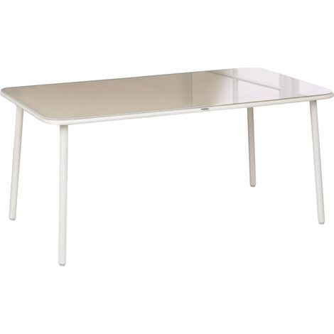 Tavolo da esterno 160 x 90 cm con struttura in acciaio e piano in vetro temperato per 6 persone, resistente ai raggi UV e all'acqua, beige chiaro, Caravino