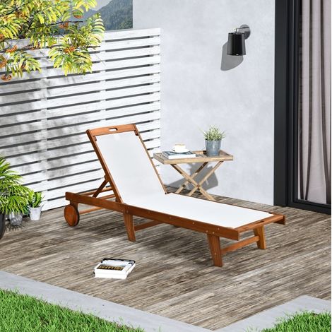 Bain de soleil 198x55x30-88,5 cm en bois naturel et blanc, relevable pour jardin FloraGrace (1/5)