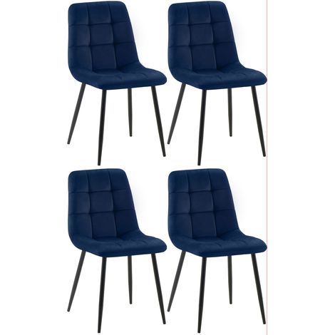 CLP – Lot de 4 chaises de salle à manger en velours bleu foncé – Rembourrage confortable – Piètement métal noir – Protection de sol incluse