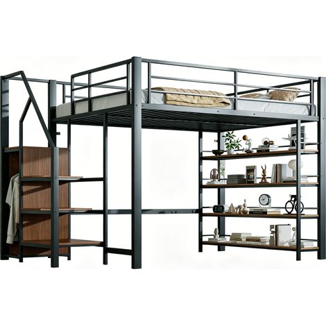 Cama alta 140x200 de metal negro con escalera de almacenaje, estantes y perchero (1/5)