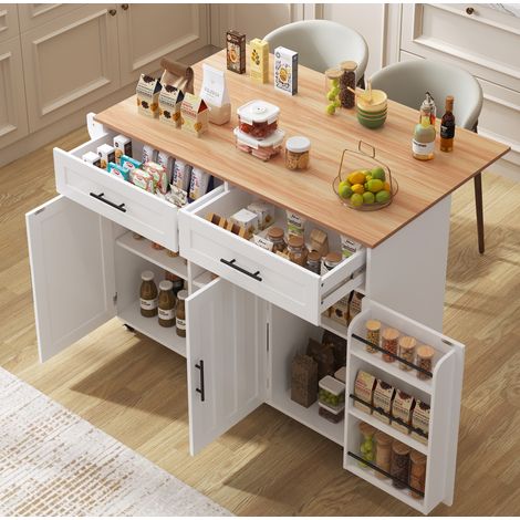 MEUBLIV Desserte de cuisine 129x46x91,5 cm blanche – plateau rabattable, roulettes (1/5)