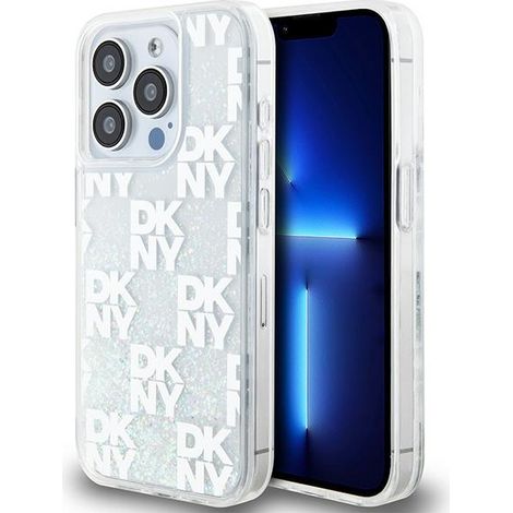 Funda rígida blanca DKNY DKHCP15LLCPEPT para iPhone 15 Pro de 6,1" con purpurina líquida y logotipo múltiple. (1/5)