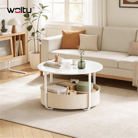 WOLTU Mesa de centro, mesa de salón, con cesta de almacenamiento, redonda, blanca y beige