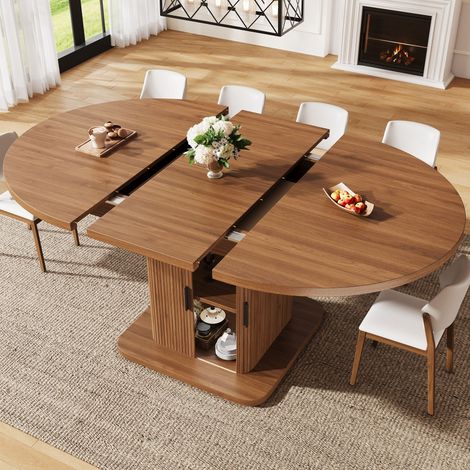 Mesa de Comedor Ovalada Extensible con Almacenamiento, Puertas Correderas y Balda Extraíble, MDF, Madera (1/5)