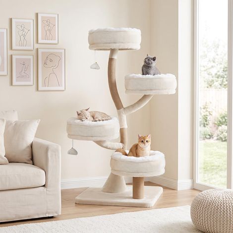 132 cm arbre à chat beige, 4 plateformes, griffoir sisal et jeu d'escalade pour un ou plusieurs chats (1/5)