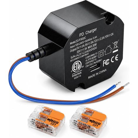 Bloc d'alimentation encastré USB de type C - 30 W - Pour tablette PD3.0 - Chargeur rapide - 100-240 V - 5v3a/9v3a/12v2.5a/15v2a/20v1.5a (1/5)