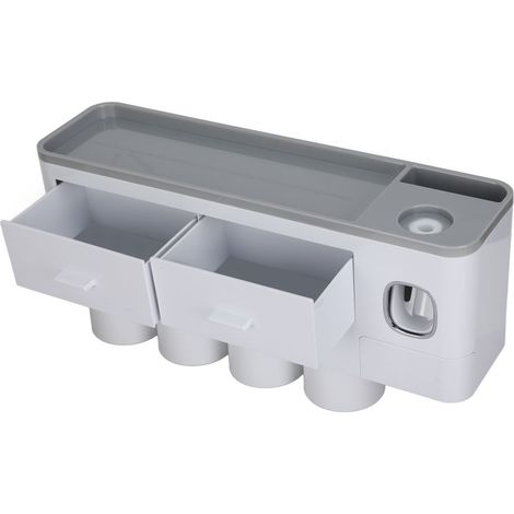 Porte-brosse à dents mural magnétique avec distributeur de dentifrice, rangement à tiroir unique, ensemble de 4 gobelets gris. (1/5)