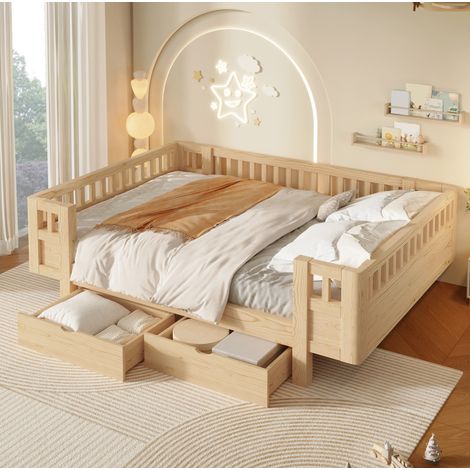 Plattformbett 206x144x60 cm, hohes Schutzgitter, zwei Auszugschubladen, Massivholz und MDF, Holzfarbe (1/5)