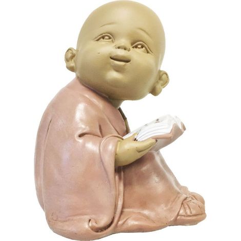 Statue en Résine Petit moine avec livre en Robe Rose (1/2)