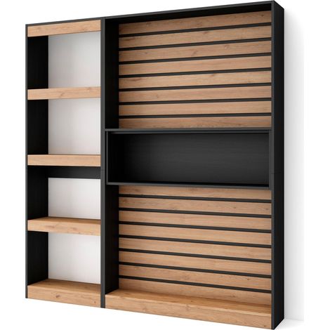 Skraut Home - Étagère Bibliothèque, Étagère de Rangement, 170x186x25cm, Salon Salle à manger Bureau, Salon, Bureau, Style moderne, Chêne et noir (1/5)