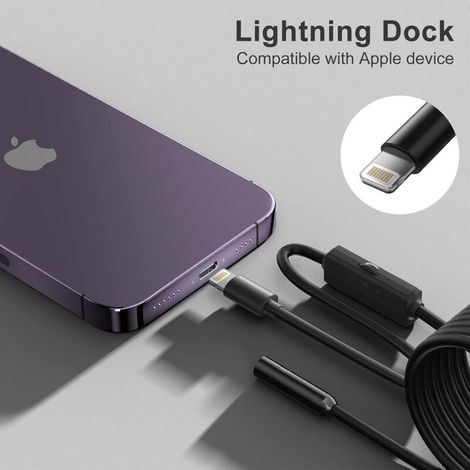 Endoscopio para iPhone, cámara de inspección con lente de 7,9 mm para iPhone y iPad, cable semirrígido de 5 m, resistente al agua IP68, compatible con dispositivos iOS. (1/3)