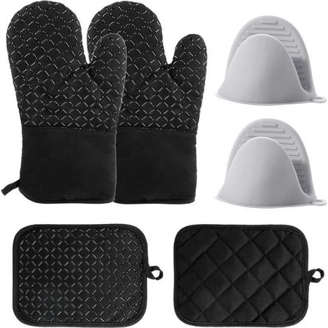 2 gants de four antidérapants résistant à la chaleur+2 supports de casseroles+2 mini gants en silicone pour la cuisson, le barbecue (1/4)